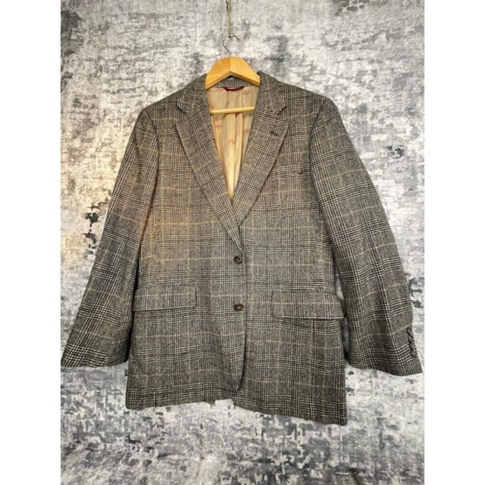 Vtg Joseph A Bank 100% Camel Hair Blazer Mens Est 44L Black Tan Plaid Jacket